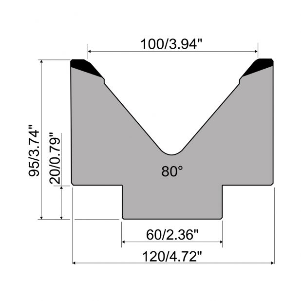 Matrice 1-V typ R1 European, výška=95mm, α=80°, rádius=8mm, materiál=C45, max. zatížení=1000kN/m.