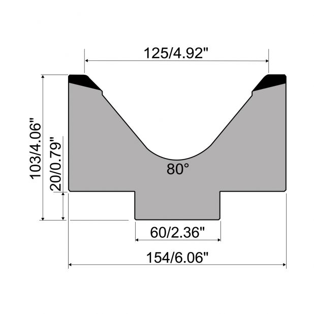 Matrice 1-V typ R1 European, výška=103mm, α=80°, rádius=15mm, materiál=C45, max. zatížení=1000kN/m.