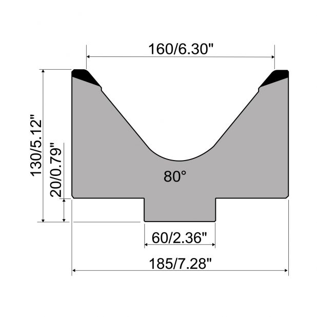 Matrice 1-V typ R1 European, výška=130mm, α=80°, rádius=10mm, materiál=C45, max. zatížení=700kN/m.