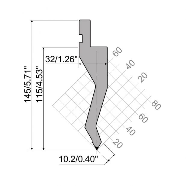 Razník typ R1 European, pracovní výška=115mm, α=60°, rádius=0,8mm, materiál=42Cr, max. zatížení=700