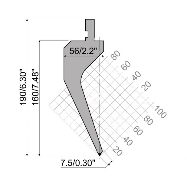 Razník typ R1 European, pracovní výška=160mm, α=60°, rádius=0,8mm, materiál=C45, max. zatížení=400k
