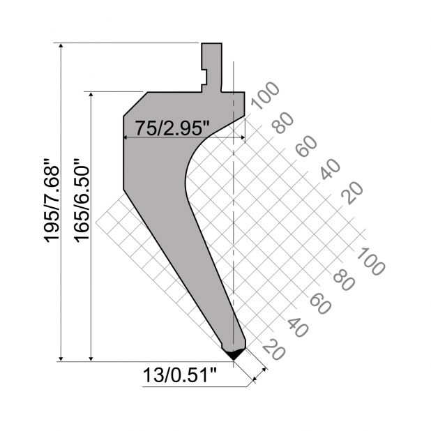 Razník typ R1 European, pracovní výška=165mm, α=88°, rádius=0,8mm, materiál=C45, max. zatížení=600k