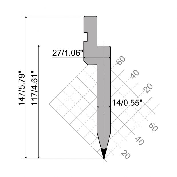 Lemovací Razník typ R1 European, pracovní výška=117mm, α=26°, rádius=0,8mm, materiál=C45 560-710 N/mm