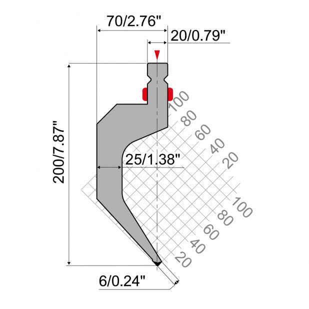 Razník typ R2, pracovní výška=159.5mm, α=85°, rádius=0.8mm, materiál=42Cr, max. zatížení=600kN/m.