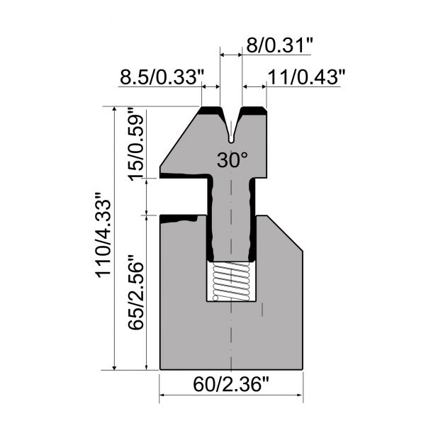 Pružinová lemovací matrice typ R1 European, celková výška=110mm, α=30°, rádius=1,5mm, materiál=C45,