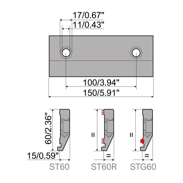 Přední upínka z Fe37 s pojistkou proti vypadnutí pro horní nástroje typu R1, délka 150 mm