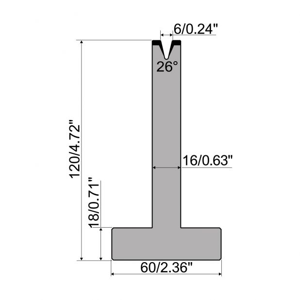Matrice T typ R1 European, výška=120mm, α=26°, rádius=0,8mm, materiál=C45, max. zatížení=200kN/m.