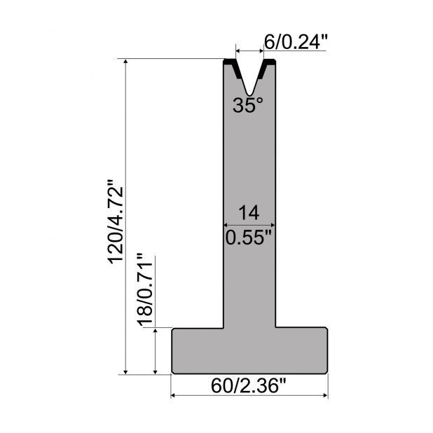 Matrice T typ R1 European, výška=120mm, α=35°, rádius=0,8mm, materiál=C45, max. zatížení=350kN/m.