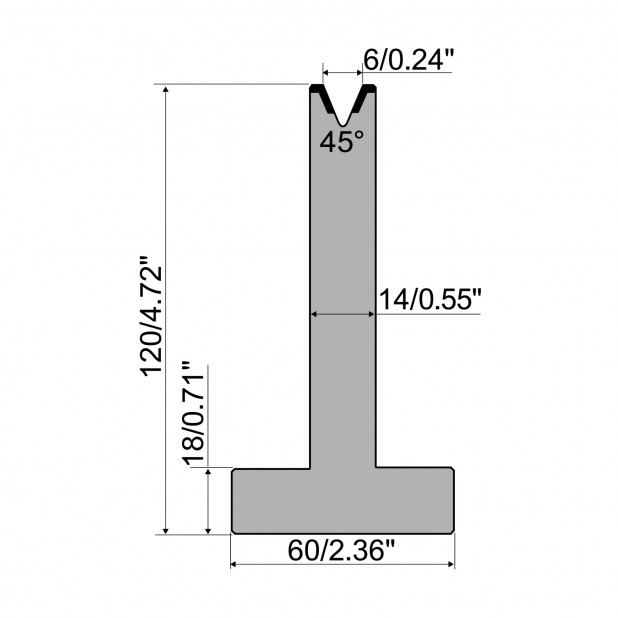 Matrice T typ R1 European, výška=120mm, α=45°, rádius=0,8mm, materiál=C45, max. zatížení=500kN/m.