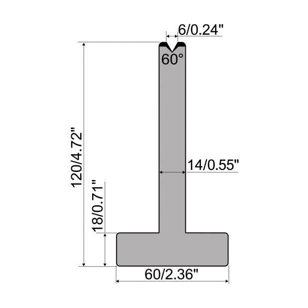 Matrice T typ R1 European, výška=120mm, α=60°, rádius=0,5mm, materiál=C45, max. zatížení=600kN/m.