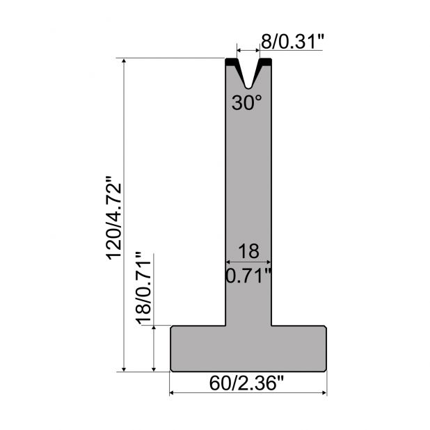 Matrice T typ R1 European, výška=120mm, α=30°, rádius=0,8mm, materiál=C45, max. zatížení=350kN/m.