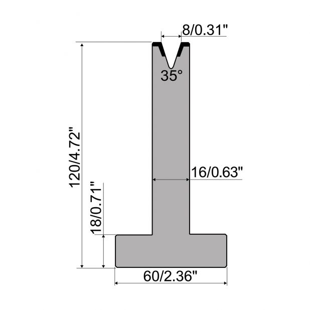Matrice T typ R1 European, výška=120mm, α=35°, rádius=1mm, materiál=C45, max. zatížení=350kN/m.