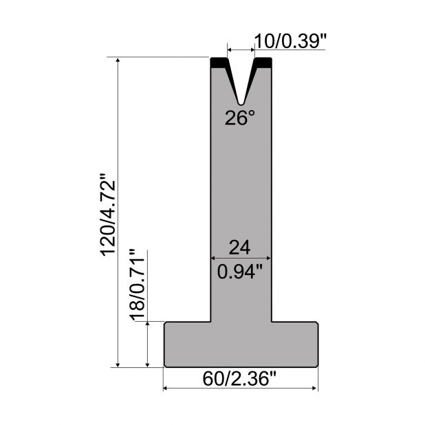 Matrice T typ R1 European, výška=120mm, α=26°, rádius=1,2mm, materiál=C45, max. zatížení=200kN/m.