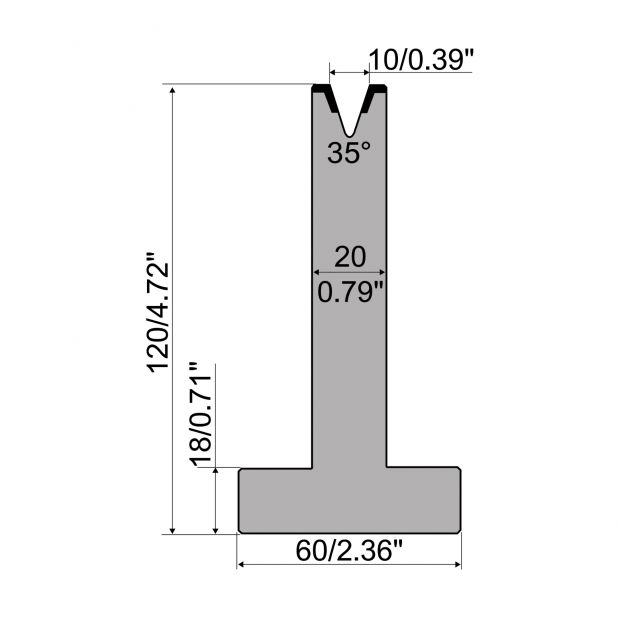 Matrice T typ R1 European, výška=120mm, α=35°, rádius=1,2mm, materiál=C45, max. zatížení=400kN/m.