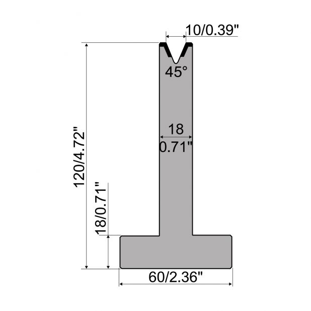 Matrice T typ R1 European, výška=120mm, α=45°, rádius=1,2mm, materiál=C45, max. zatížení=500kN/m.