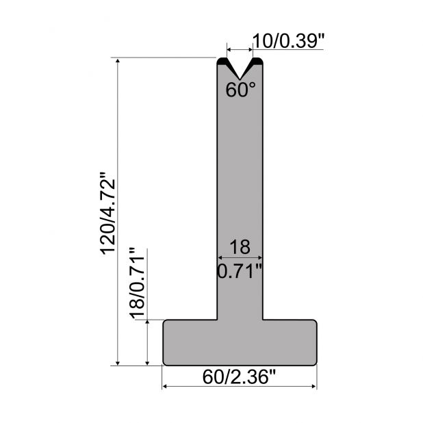 Matrice T typ R1 European, výška=120mm, α=60°, rádius=2,75mm, materiál=C45, max. zatížení=600kN/m.