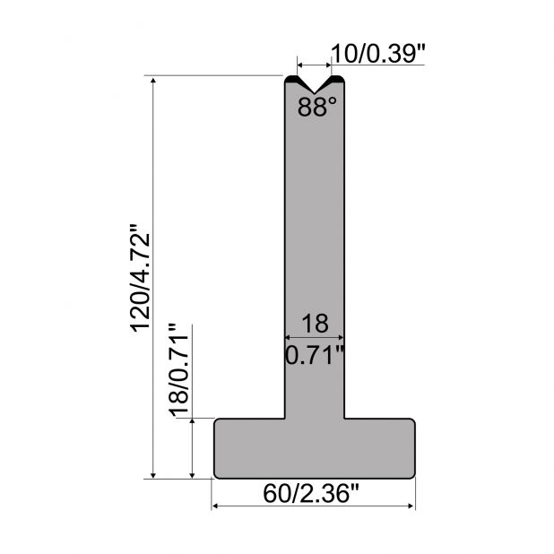 Matrice T typ R1 European, výška=120mm, α=88°, rádius=0,8mm, materiál=C45, max. zatížení=1000kN/m.