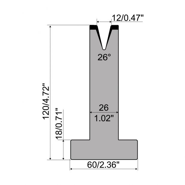 Matrice T typ R1 European, výška=120mm, α=26°, rádius=1,6mm, materiál=C45, max. zatížení=200kN/m.