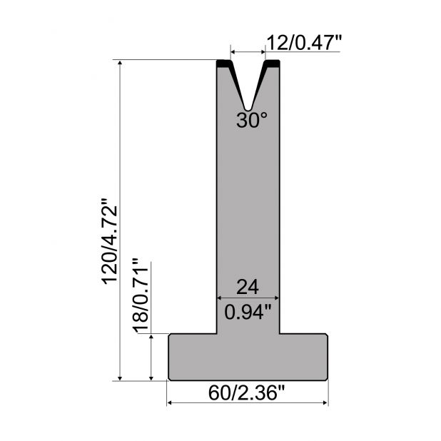 Matrice T typ R1 European, výška=120mm, α=30°, rádius=1,5mm, materiál=C45, max. zatížení=400kN/m.
