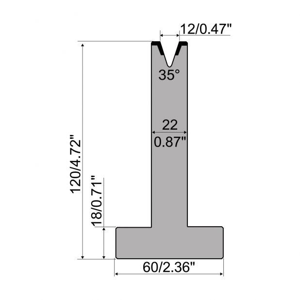 Matrice T typ R1 European, výška=120mm, α=35°, rádius=1,6mm, materiál=C45, max. zatížení=400kN/m.
