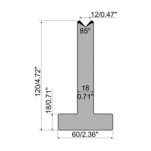 Matrice T typ R1 European, výška=120mm, α=85°, rádius=2,75mm, materiál=C45, max. zatížení=1000kN/m.