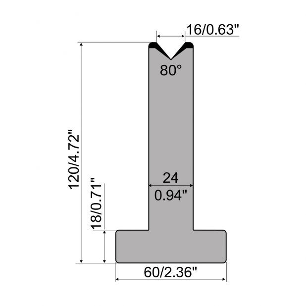 Matrice T typ R1 European, výška=120mm, α=80°, rádius=2,75mm, materiál=C45, max. zatížení=950kN/m.