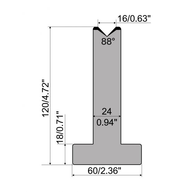 Matrice T typ R1 European, výška=120mm, α=88°, rádius=2,75mm, materiál=C45, max. zatížení=1000kN/m.