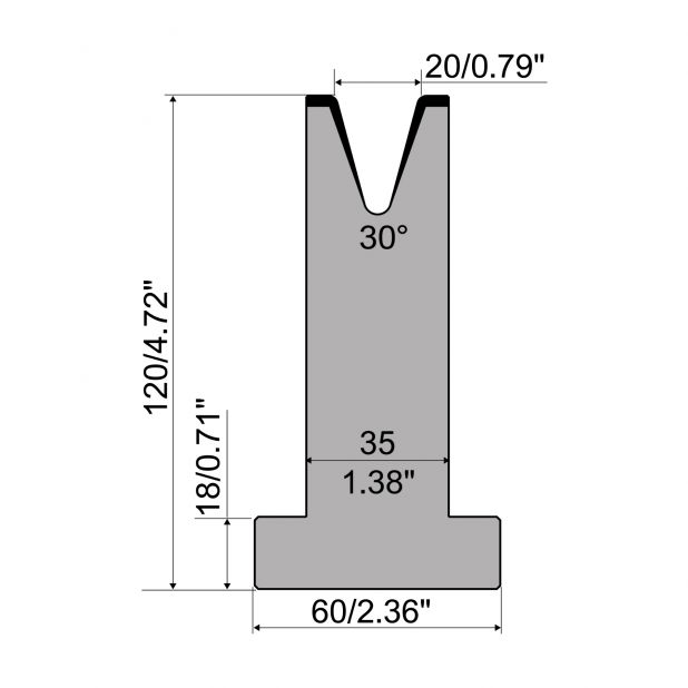 Matrice T typ R1 European, výška=120mm, α=30°, rádius=2,5mm, materiál=C45, max. zatížení=500kN/m.