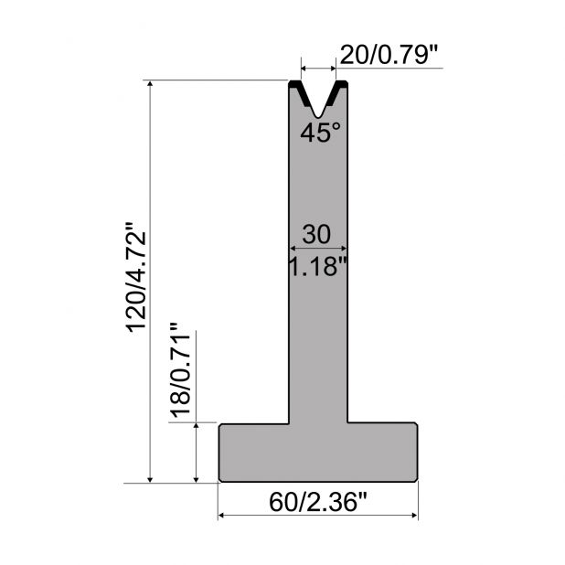 Matrice T typ R1 European, výška=120mm, α=45°, rádius=3mm, materiál=C45, max. zatížení=500kN/m.