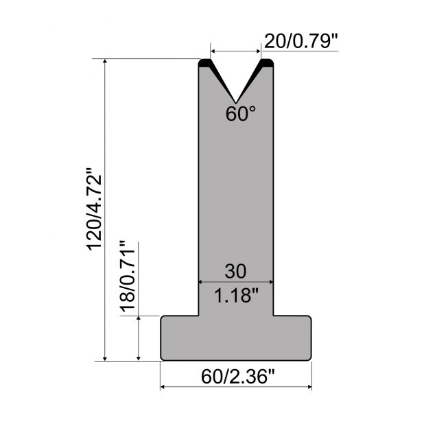 Matrice T typ R1 European, výška=120mm, α=60°, rádius=3mm, materiál=C45, max. zatížení=600kN/m.
