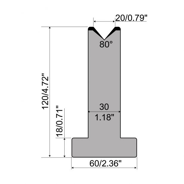Matrice T typ R1 European, výška=120mm, α=80°, rádius=3mm, materiál=C45, max. zatížení=950kN/m.