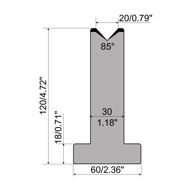 Matrice T typ R1 European, výška=120mm, α=85°, rádius=3mm, materiál=C45, max. zatížení=1000kN/m.