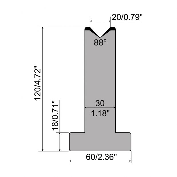 Matrice T typ R1 European, výška=120mm, α=88°, rádius=3mm, materiál=C45, max. zatížení=1000kN/m.