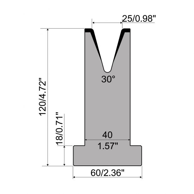 Matrice T typ R1 European, výška=120mm, α=30°, rádius=3mm, materiál=C45, max. zatížení=500kN/m.