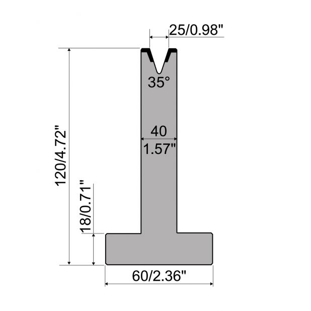 Matrice T typ R1 European, výška=120mm, α=35°, rádius=3mm, materiál=C45, max. zatížení=500kN/m.