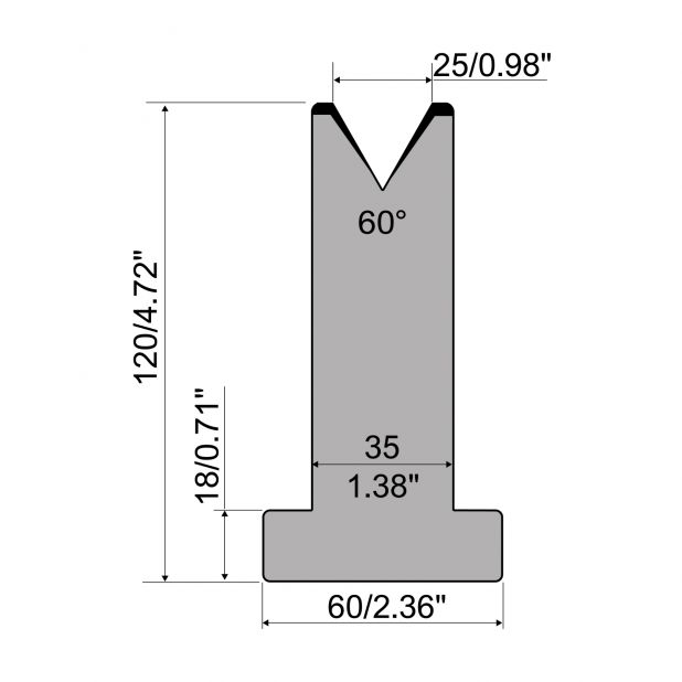 Matrice T typ R1 European, výška=120mm, α=60°, rádius=3mm, materiál=C45, max. zatížení=600kN/m.