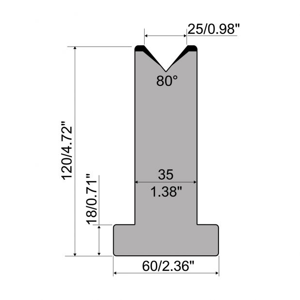Matrice T typ R1 European, výška=120mm, α=80°, rádius=3mm, materiál=C45, max. zatížení=950kN/m.