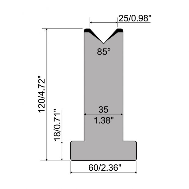 Matrice T typ R1 European, výška=120mm, α=85°, rádius=3mm, materiál=C45, max. zatížení=1000kN/m.