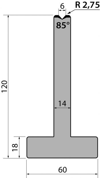 Matrice T typ R1 European, výška=120mm, α=85°, rádius=2,75mm, materiál=C45, max. zatížení=1000kN/m.