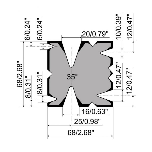 Matrice Multi-V typ R1 European, výška=68mm, α=35°, materiál=42Cr, max. zatížení=300-500kN/m.