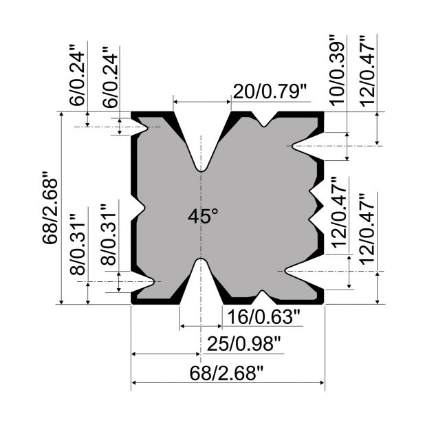 Matrice Multi-V typ R1 European, výška=68mm, α=45°, materiál=42Cr, max. zatížení=400-700kN/m.