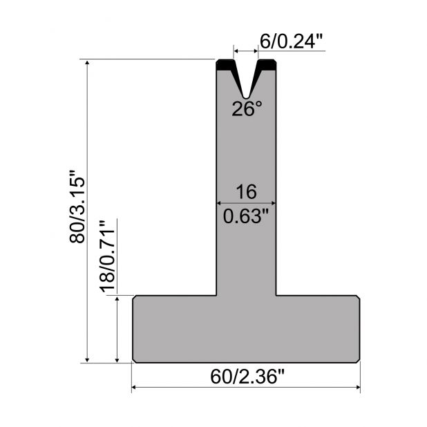 Matrice T typ R1 European, výška=80mm, α=26°, rádius=0,8mm, materiál=C45, max. zatížení=200kN/m.