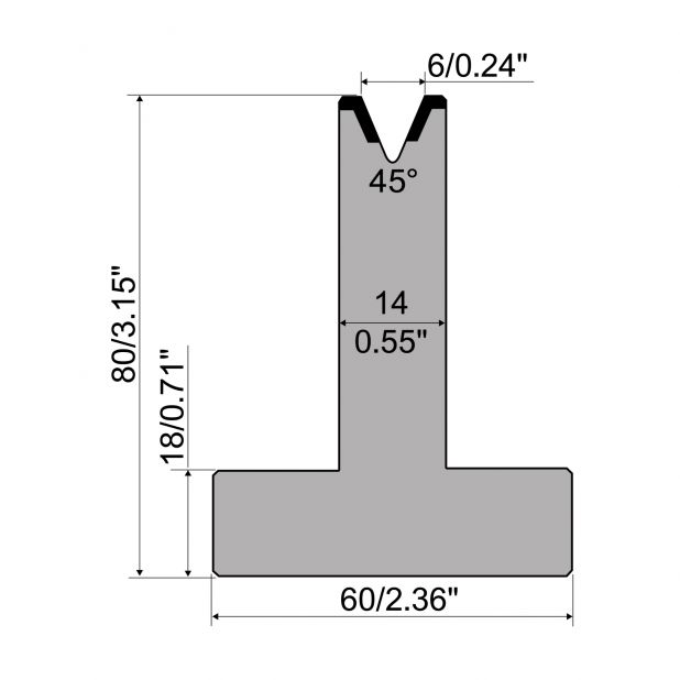 Matrice T typ R1 European, výška=80mm, α=45°, rádius=0,8mm, materiál=C45, max. zatížení=500kN/m.