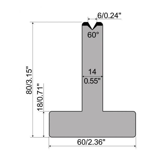 Matrice T typ R1 European, výška=80mm, α=60°, rádius=0,5mm, materiál=C45, max. zatížení=600kN/m.