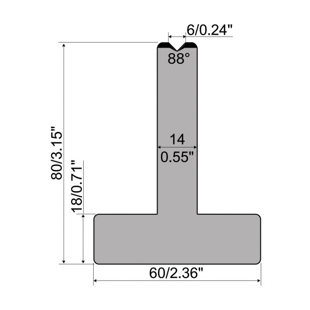 Matrice T typ R1 European, výška=80mm, α=88°, rádius=2,75mm, materiál=C45, max. zatížení=1000kN/m.