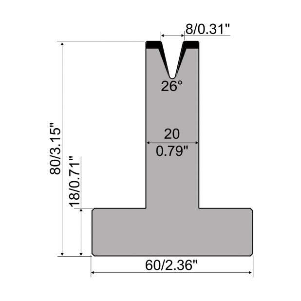 Matrice T typ R1 European, výška=80mm, α=26°, rádius=1mm, materiál=C45, max. zatížení=200kN/m.
