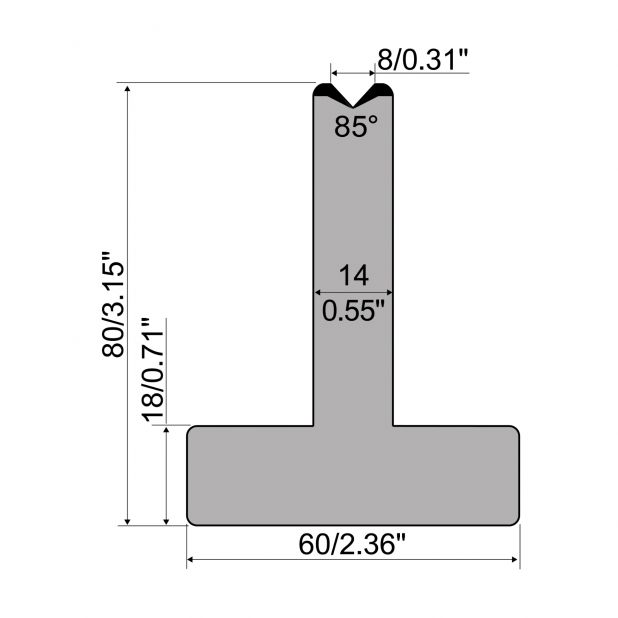 Matrice T typ R1 European, výška=80mm, α=85°, rádius=2,75mm, materiál=C45, max. zatížení=1000kN/m.