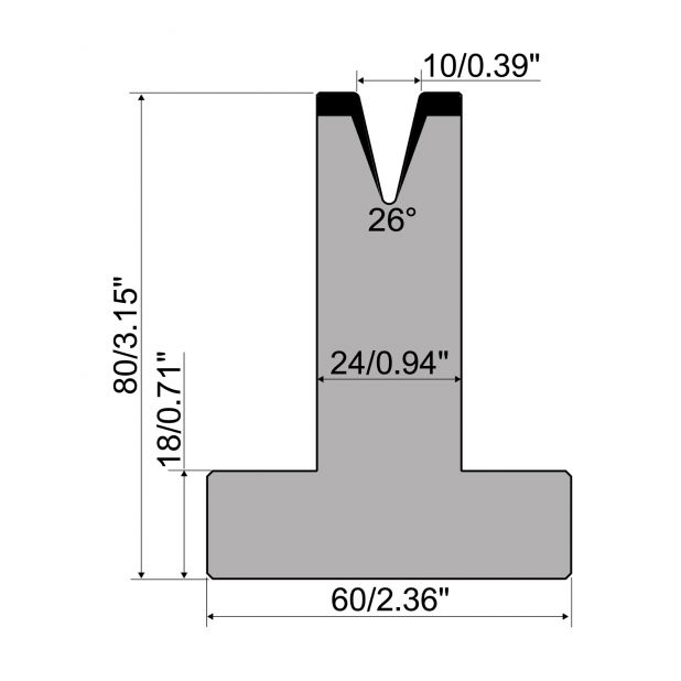 Matrice T typ R1 European, výška=80mm, α=26°, rádius=1,2mm, materiál=C45, max. zatížení=200kN/m.