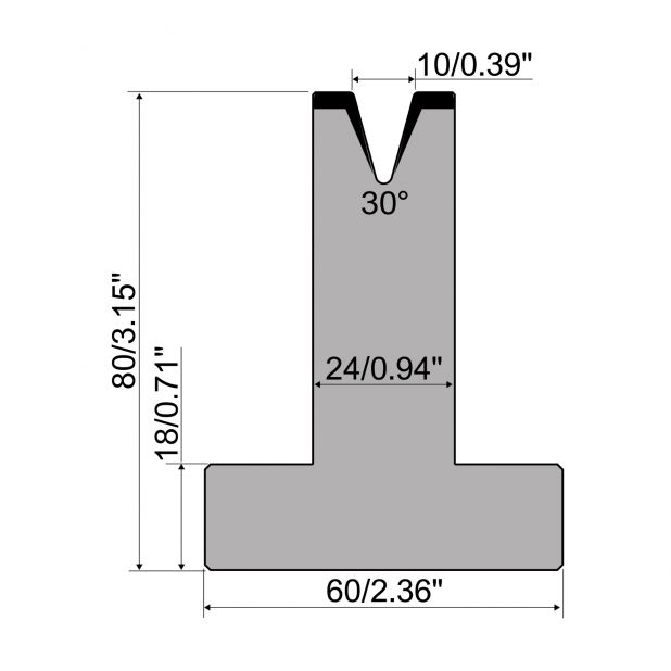 Matrice T typ R1 European, výška=80mm, α=30°, rádius=1mm, materiál=C45, max. zatížení=500kN/m.