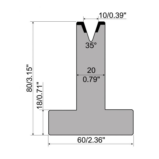 Matrice T typ R1 European, výška=80mm, α=35°, rádius=1,2mm, materiál=C45, max. zatížení=400kN/m.